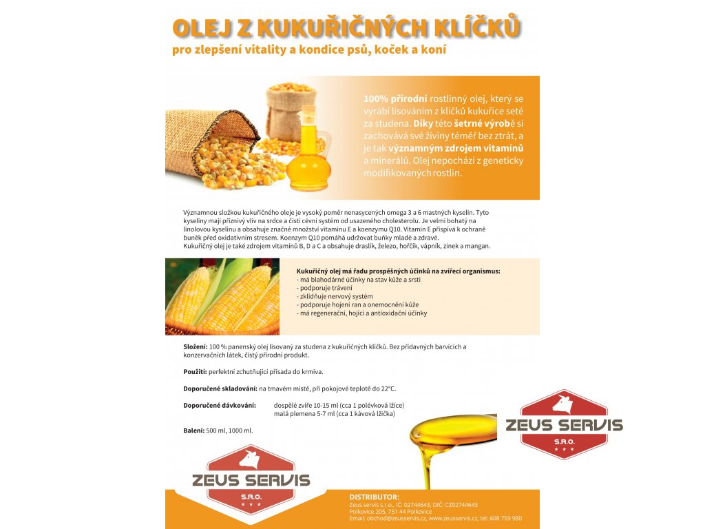 Olej z kukuřičných klíčků pro psy, kočky a koně 1000 ML